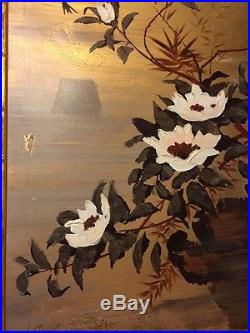 Vintage Original Oil Signed Asian Bird Lotus Flowers Gold Canvas Lee Reynolds