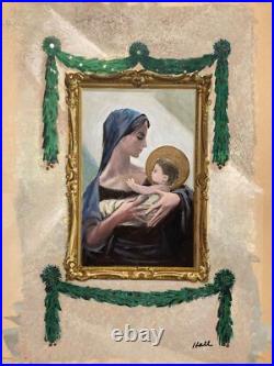 Vintage Original Painting Illustrative Advertisement Madonna + Child Signed Hall