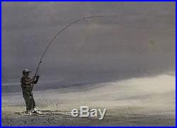 Vintage Original Signed AL BARKER Watercolor Gouache Striped Bass Surf Fisherman