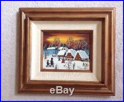 Vintage Original Signed Folk Art Oil Board Painting KOWALSKI Winter Snow Scene