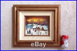 Vintage Original Signed Folk Art Oil Board Painting KOWALSKI Winter Snow Scene