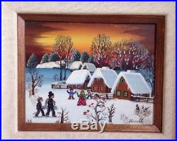 Vintage Original Signed Folk Art Oil Board Painting KOWALSKI Winter Snow Scene