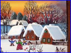 Vintage Original Signed Folk Art Oil Board Painting KOWALSKI Winter Snow Scene