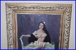 Vintage Original Signed Oil on Board Painting Partially Nude Woman with Frame