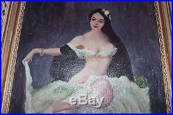 Vintage Original Signed Oil on Board Painting Partially Nude Woman with Frame
