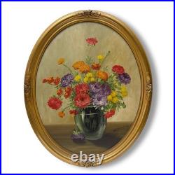 Vintage Original Signed Still Life Flowers in Vase Painting Gilt Oval Framed 22