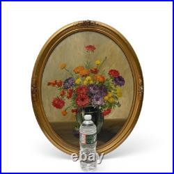 Vintage Original Signed Still Life Flowers in Vase Painting Gilt Oval Framed 22
