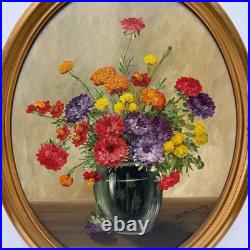 Vintage Original Signed Still Life Flowers in Vase Painting Gilt Oval Framed 22