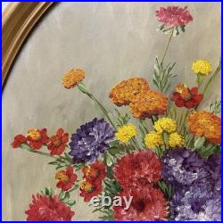 Vintage Original Signed Still Life Flowers in Vase Painting Gilt Oval Framed 22