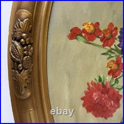 Vintage Original Signed Still Life Flowers in Vase Painting Gilt Oval Framed 22