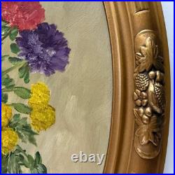 Vintage Original Signed Still Life Flowers in Vase Painting Gilt Oval Framed 22