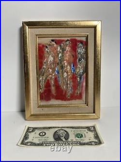 Vintage Original Small Oil and Line Painting -Surrealist Figures Red -Signed