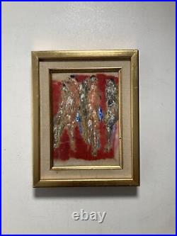 Vintage Original Small Oil and Line Painting -Surrealist Figures Red -Signed