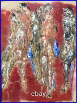 Vintage Original Small Oil and Line Painting -Surrealist Figures Red -Signed