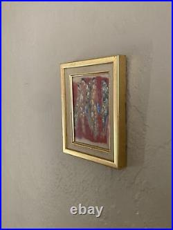 Vintage Original Small Oil and Line Painting -Surrealist Figures Red -Signed