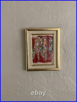 Vintage Original Small Oil and Line Painting -Surrealist Figures Red -Signed