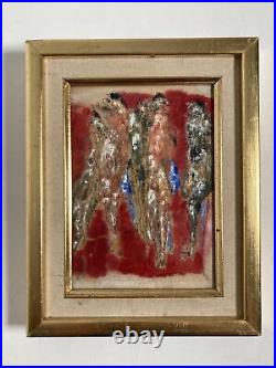 Vintage Original Small Oil and Line Painting -Surrealist Figures Red -Signed