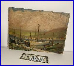Vintage Original Small Oil on Board Painting -Boats in Ocean Harbor -Signed