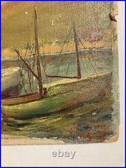 Vintage Original Small Oil on Board Painting -Boats in Ocean Harbor -Signed