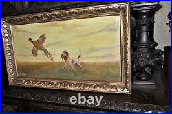 Vintage Original Sporting Painting Hunting Dog Pheasant