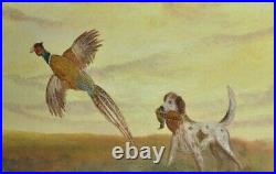 Vintage Original Sporting Painting Hunting Dog Pheasant
