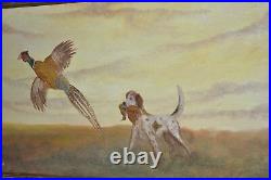 Vintage Original Sporting Painting Hunting Dog Pheasant