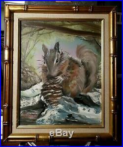 Vintage Original Squirrel Oil Painting Gold Frame Signed NR Mid Century Estate