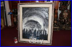 Vintage Original Surreal Oil Painting People Staring Into Wave Signed W. Debin