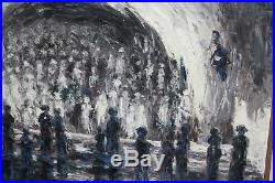 Vintage Original Surreal Oil Painting People Staring Into Wave Signed W. Debin