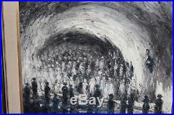 Vintage Original Surreal Oil Painting People Staring Into Wave Signed W. Debin