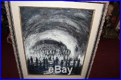 Vintage Original Surreal Oil Painting People Staring Into Wave Signed W. Debin