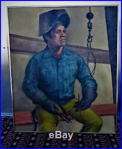Vintage Original WPA Style Painting Portrait Welder Worker Signed Holliday 1971