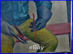 Vintage Original WPA Style Painting Portrait Welder Worker Signed Holliday 1971