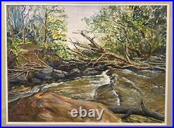 Vintage Original Watercolor Painting Rocky River Signed G Heer Carved Wood Frame