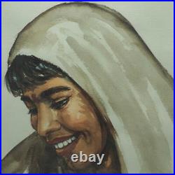 Vintage Original Watercolor Painting Signed CAT Framed Middle Eastern Woman