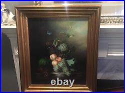 Vintage Ornate Framed Art Still Life Fruit Painting on Canvas Artist Signed