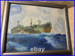 Vintage P Mezzanares US Navy Ship Oil Painting Signed And Framed