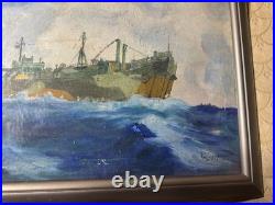 Vintage P Mezzanares US Navy Ship Oil Painting Signed And Framed