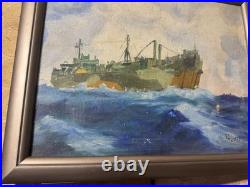 Vintage P Mezzanares US Navy Ship Oil Painting Signed And Framed