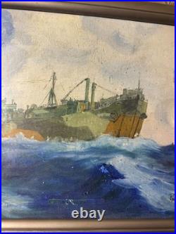 Vintage P Mezzanares US Navy Ship Oil Painting Signed And Framed