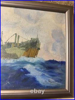 Vintage P Mezzanares US Navy Ship Oil Painting Signed And Framed