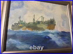 Vintage P Mezzanares US Navy Ship Oil Painting Signed And Framed
