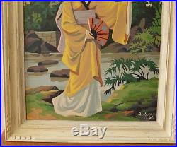 Vintage Paint By Number Japanese Geisha Framed Painting Signed 20x24 Nice Frame
