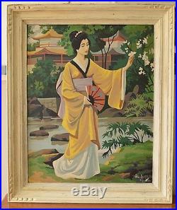 Vintage Paint By Number Japanese Geisha Framed Painting Signed 20x24 Nice Frame