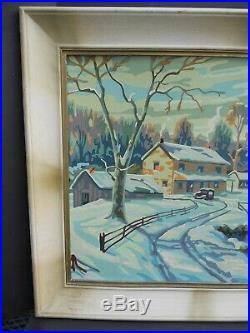 Vintage Paint By Number Stone Farmhouse Snow 24 x 18 Winter Shadows Framed