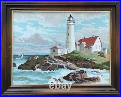 Vintage Paint by Numbers Portland Head Light Framed Signed 1969 Painting 28 ME