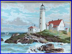 Vintage Paint by Numbers Portland Head Light Framed Signed 1969 Painting 28 ME