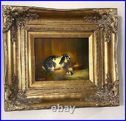 Vintage Painting Black & White Rabbit 2 Bunnies Ornate Gold Frame Signed Byron