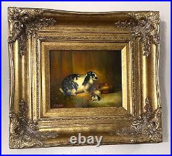 Vintage Painting Black & White Rabbit 2 Bunnies Ornate Gold Frame Signed Byron
