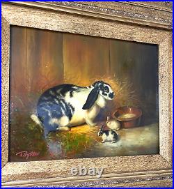 Vintage Painting Black & White Rabbit 2 Bunnies Ornate Gold Frame Signed Byron